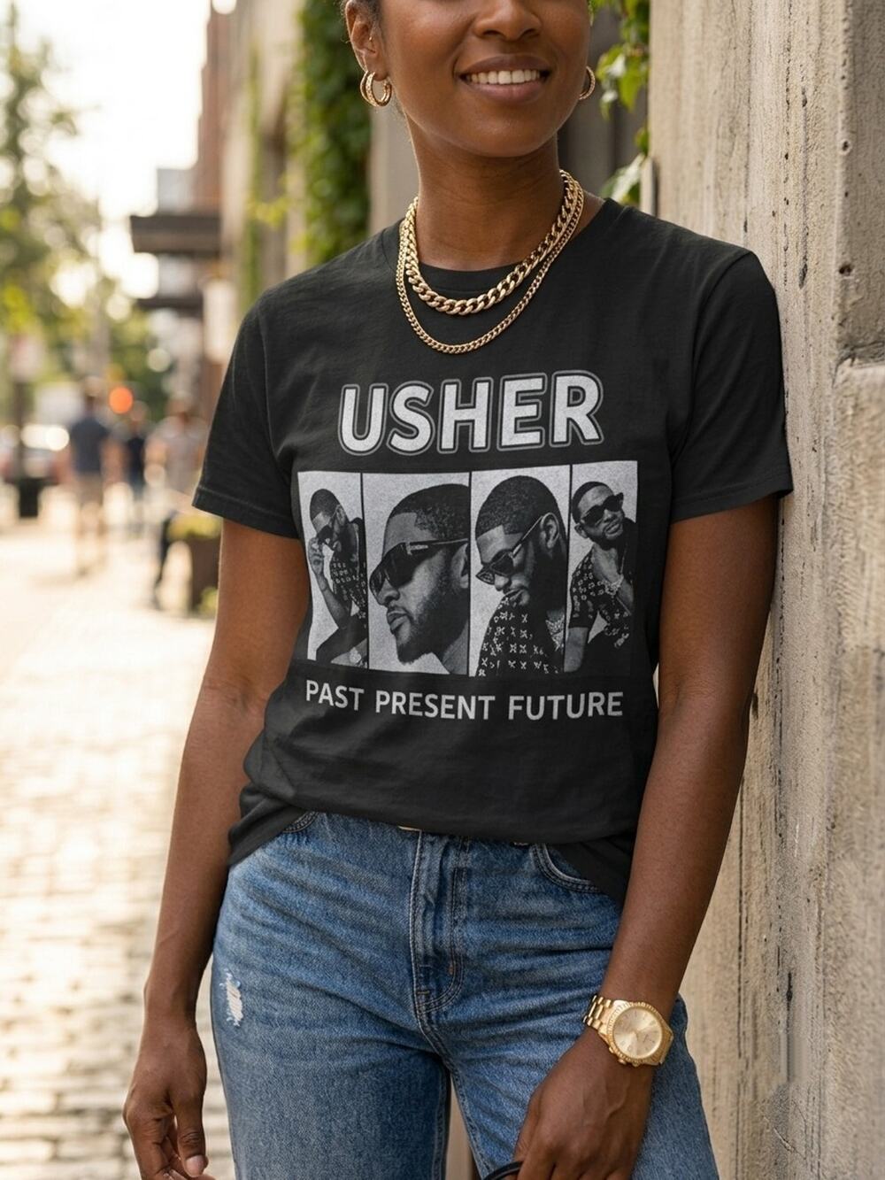 Usher Past Present Future Tour 2024 Concert T-Shirt Black Graphic Size Small